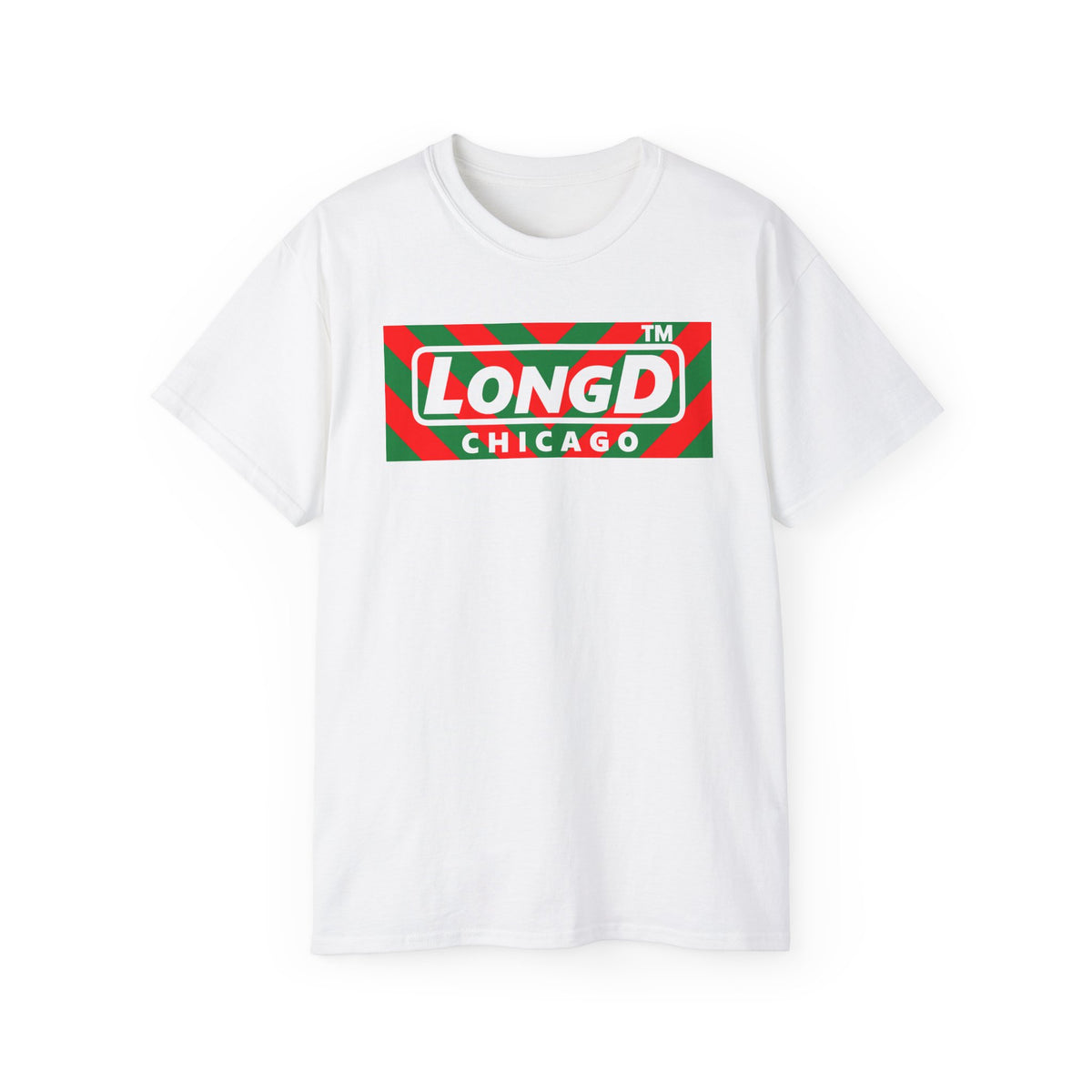 LongD Chicago negative downward chevron front-back logo (Xmas colors) cotton tee