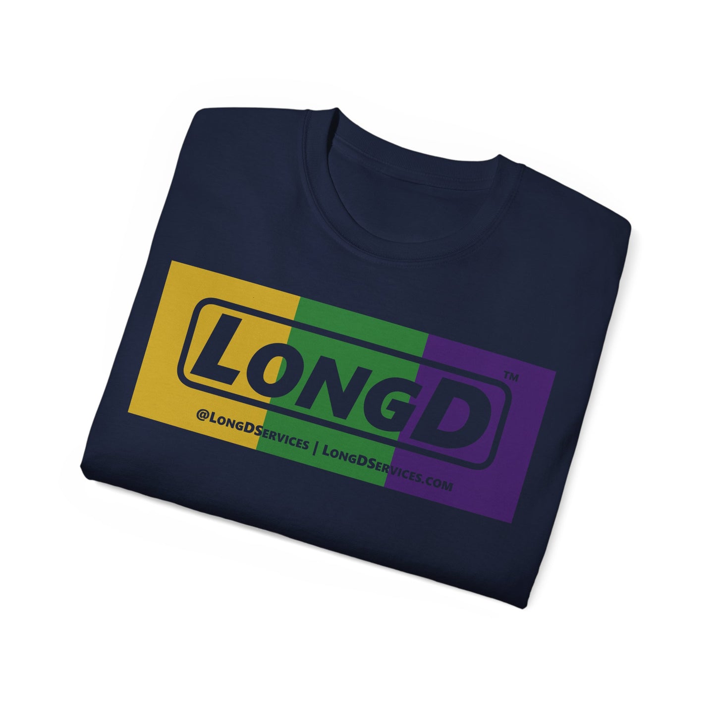 LongD® Logo Cotton Tee (Mardi Gras colored negative text)