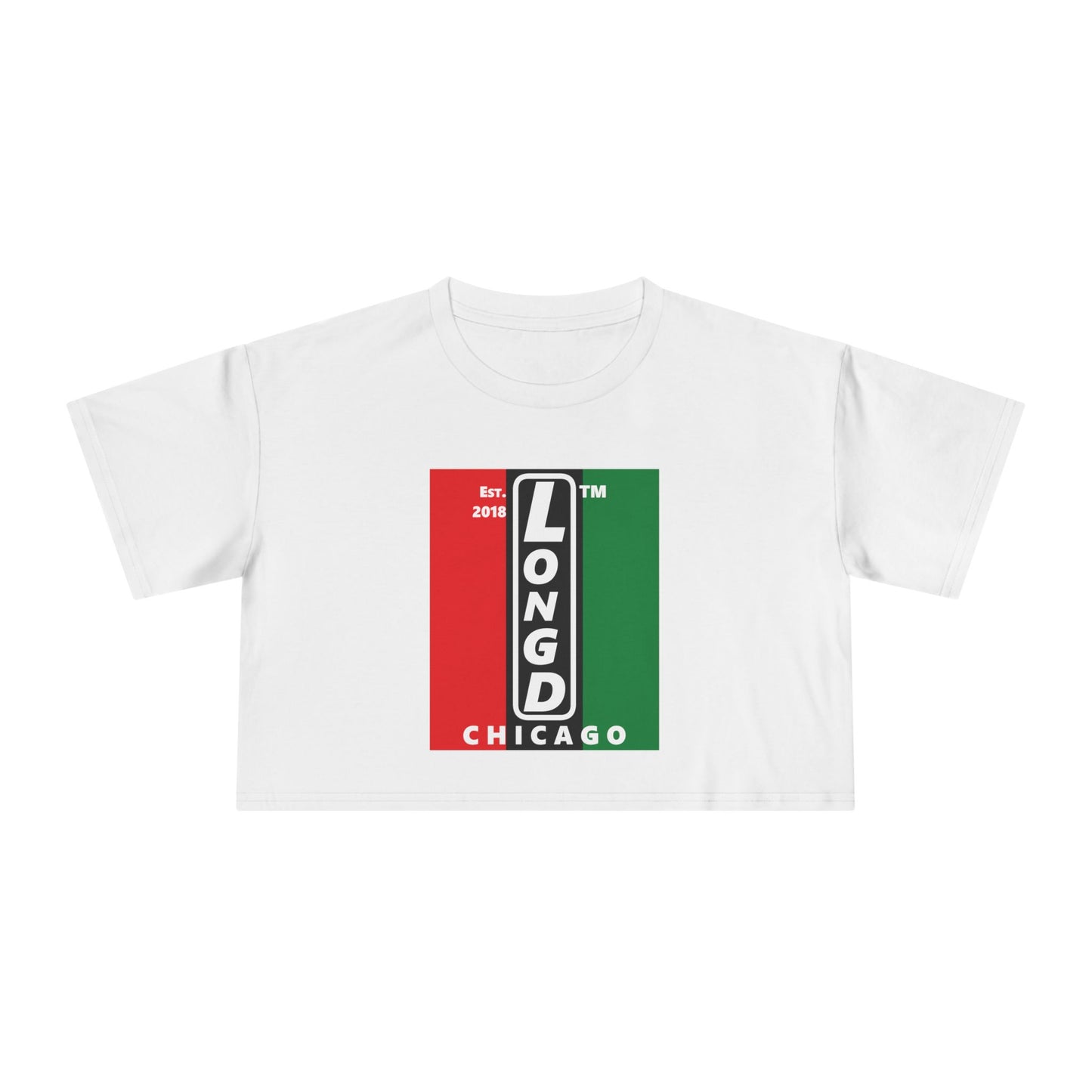 Negative vertical 3-striped upright front-back Chicago logo crop tee (Juneteenth colors)