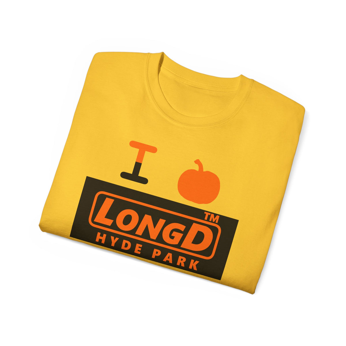 I pumpkin LongD Hyde Park logo positive orange on negative black cotton tee
