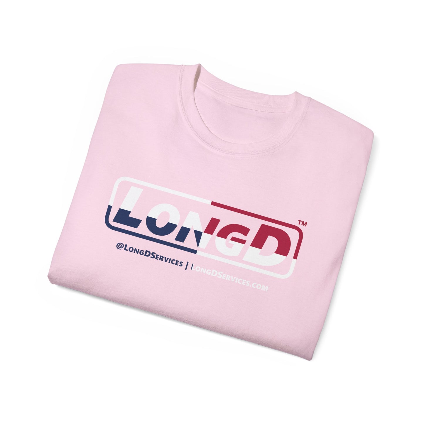LongD® Logo Cotton Tee Red, White and Blue positive quarters text