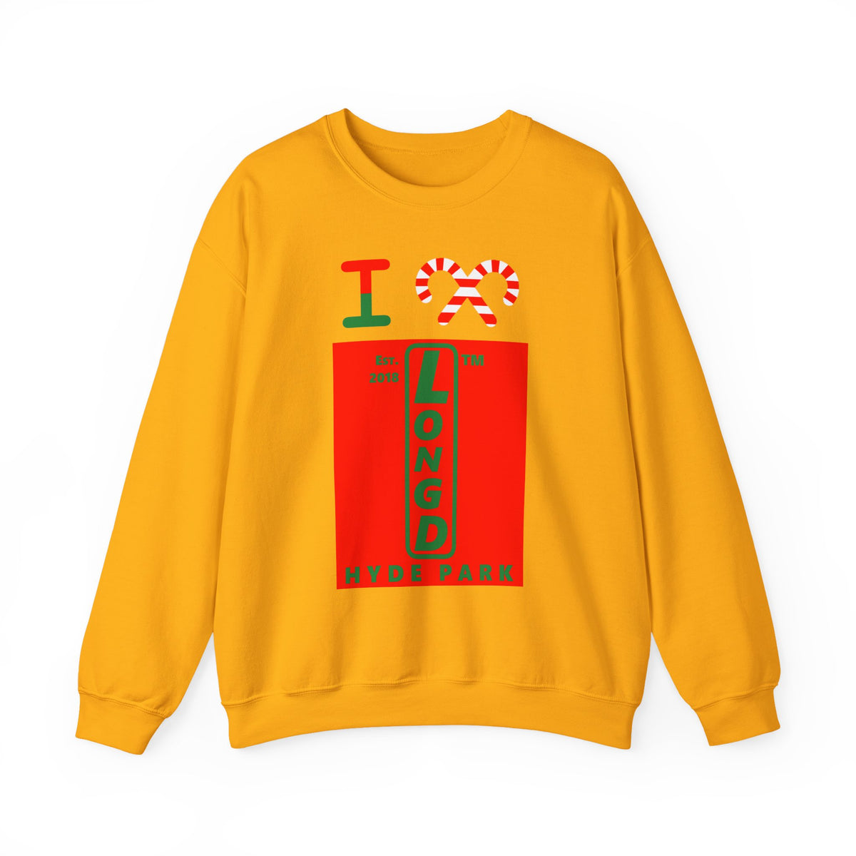 I candy cane LongD Hyde Park upright logo positive green on negative red crewneck sweatshirt