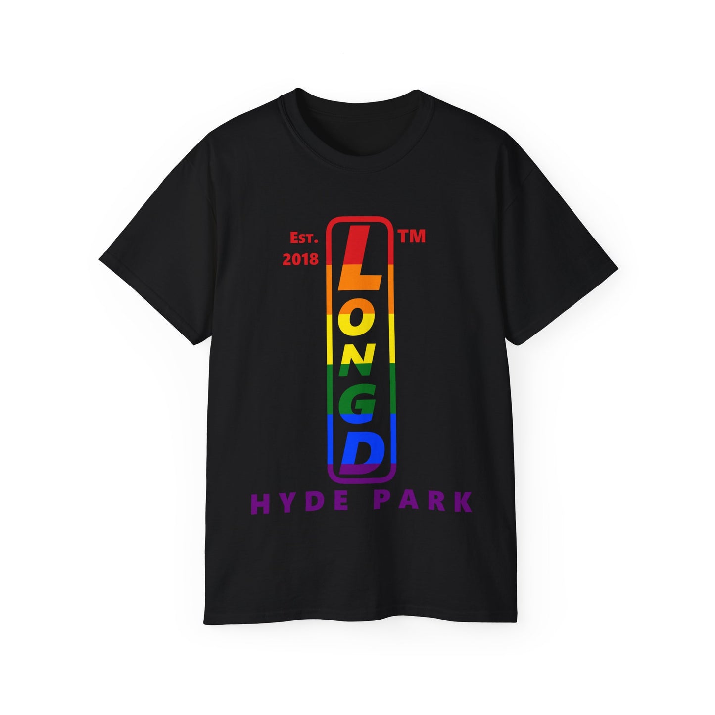 LongD Cotton Tee positive horizontal striped Hyde Park upright logo (Pride colors)
