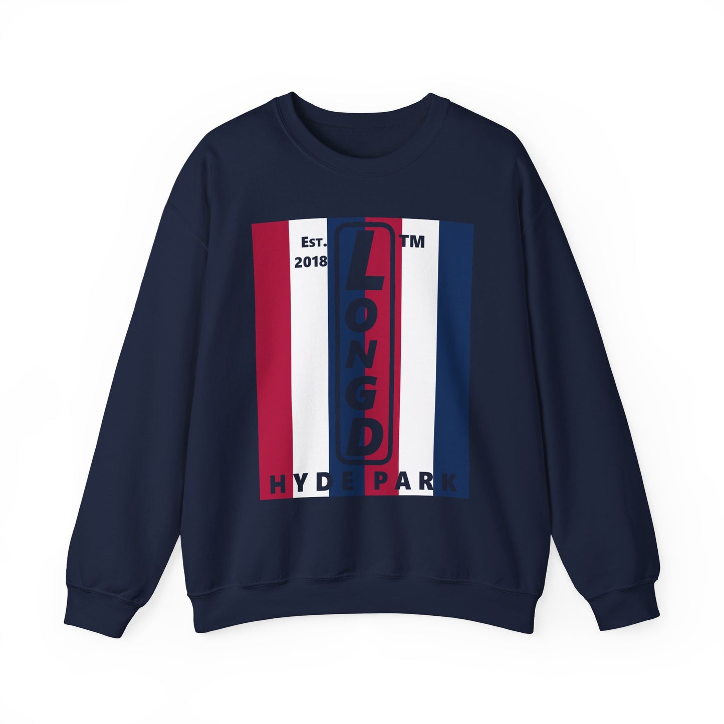 LongD negative vertical 6-striped Hyde Park upright logo crewneck sweatshirt (patriotic colors)