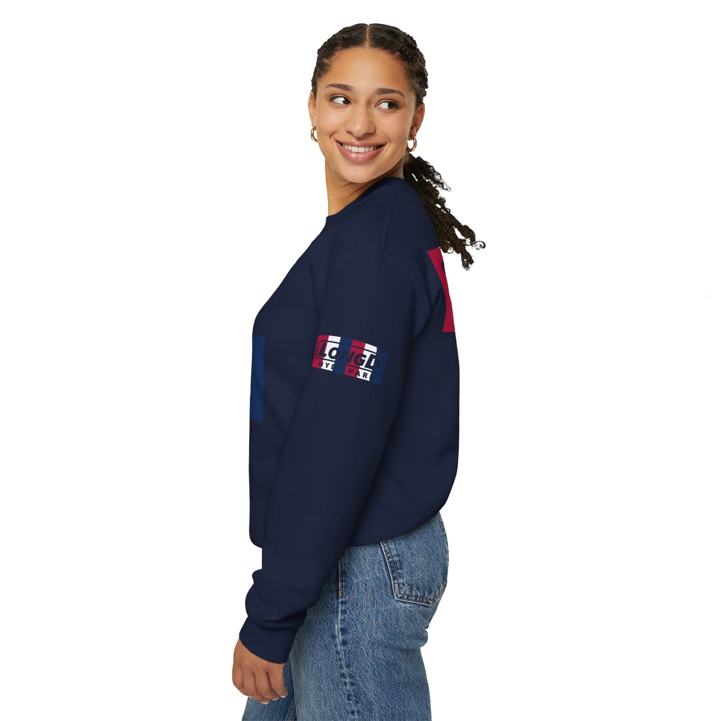 I firecracker LongD positive vertical 6-striped 4-print Hyde Park logo crewneck sweatshirt