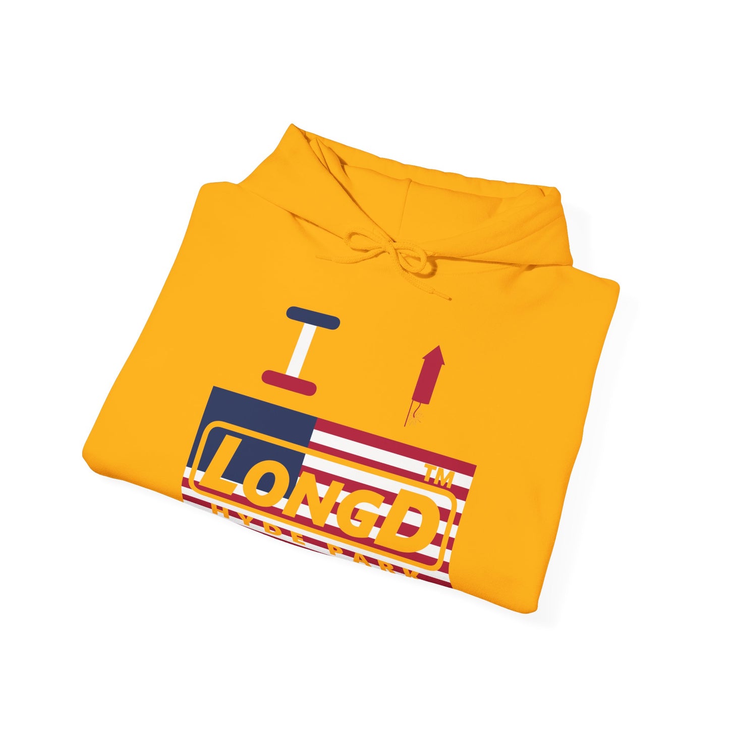 I firecracker LongD® negative flag front-back double breasted Hyde Park logo hoodie