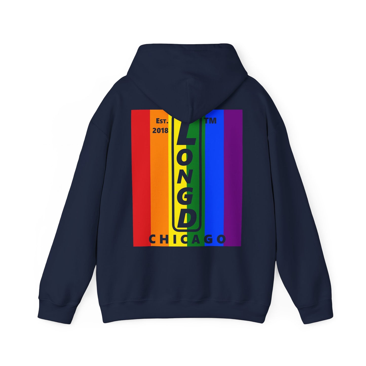 LongD single-breasted negative vertical 6-striped front-back upright Chicago logo hoodie (Pride colors)