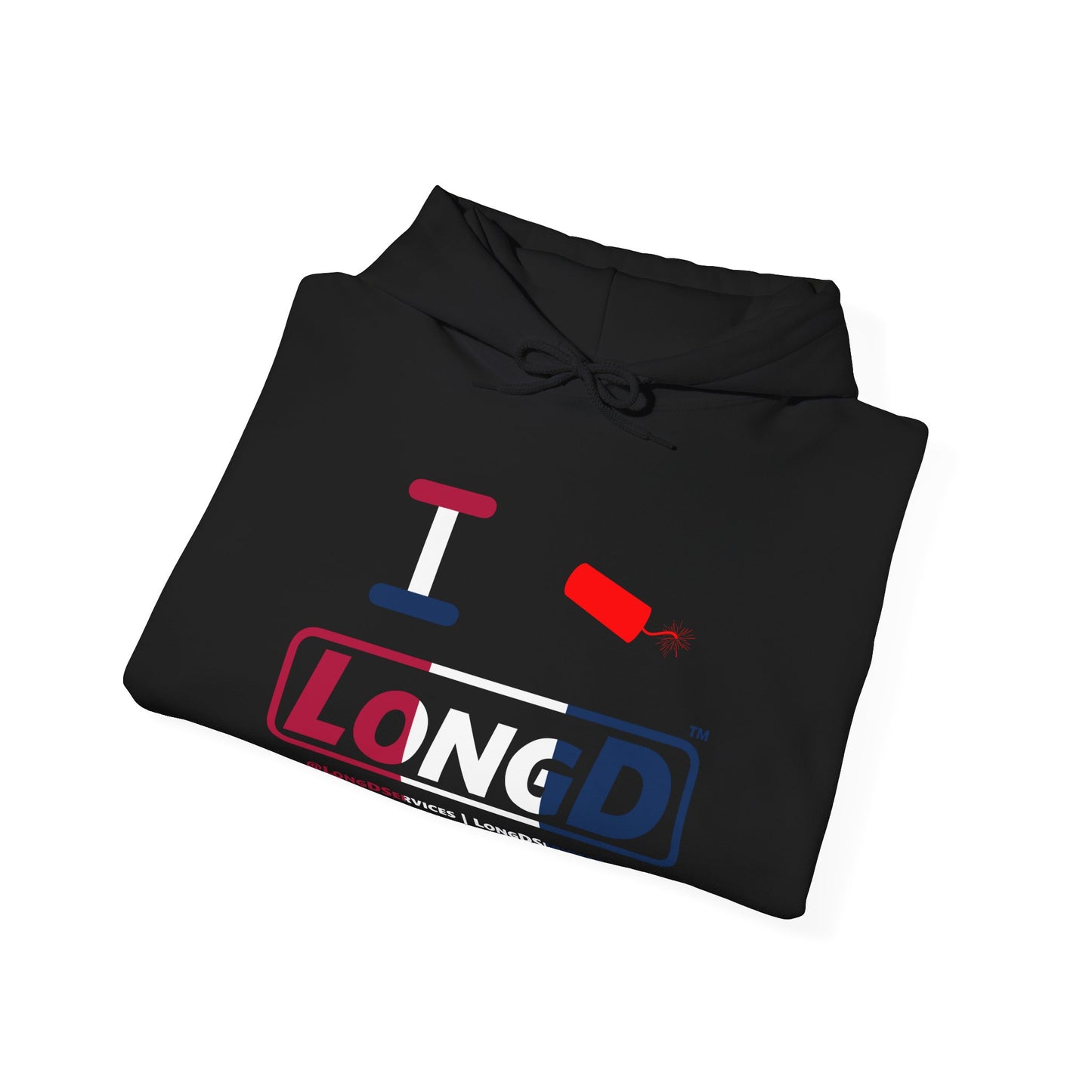 I Firecracker LongD® Logo Hoodie red, white and blue positive thirds