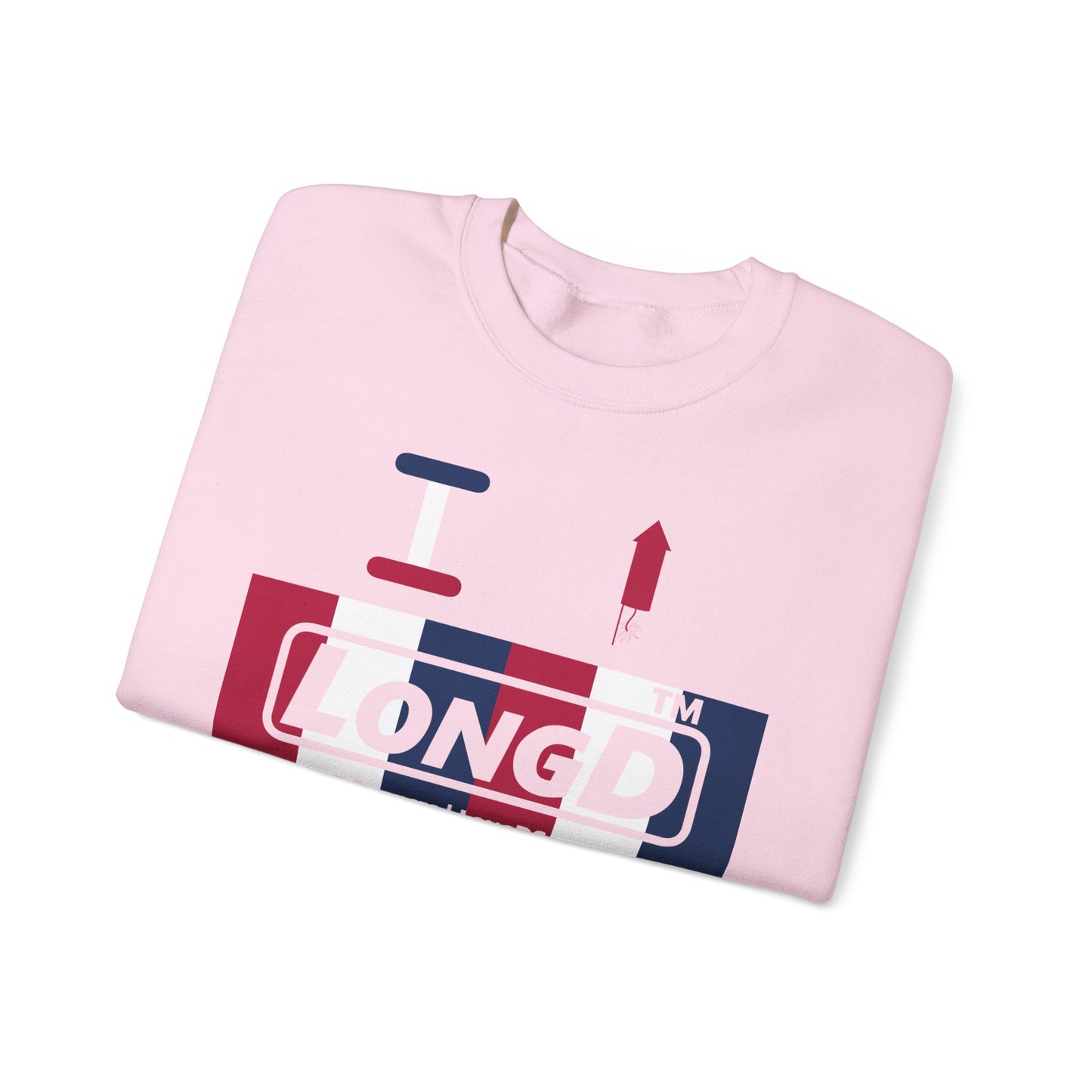 I firecracker LongD positive vertical 6-striped 4-print tag-domain logo crewneck sweatshirt