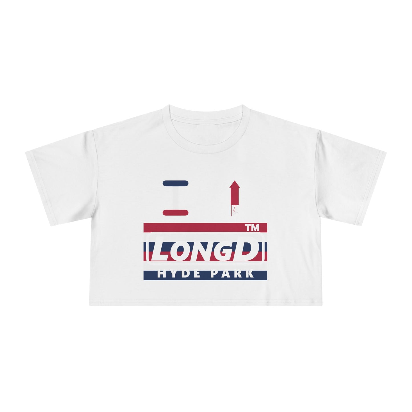 I firecracker LongD negative horizontal 6-striped Hyde Park Logo Crop Tee (Patriotic colors)