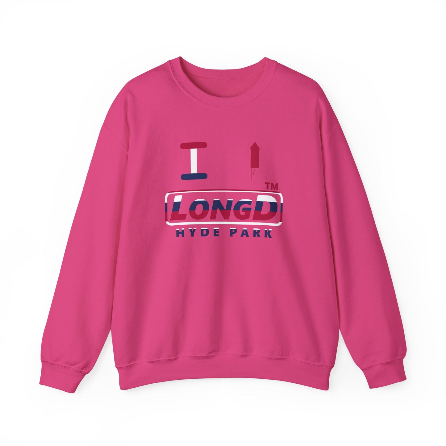 I firecracker LongD positive horizontal 6-striped Hyde Park logo crewneck sweatshirt