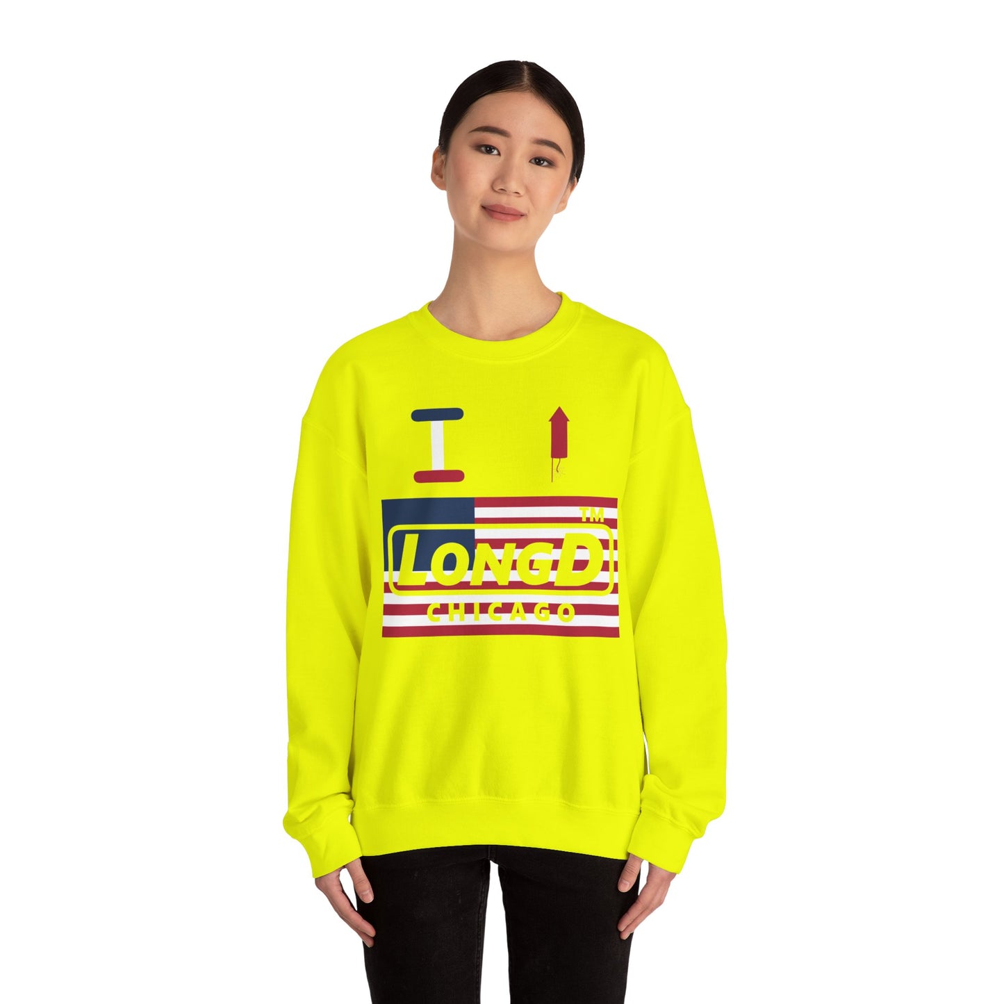 I firecracker LongD negative flag front-back Chicago logo crewneck sweatshirt