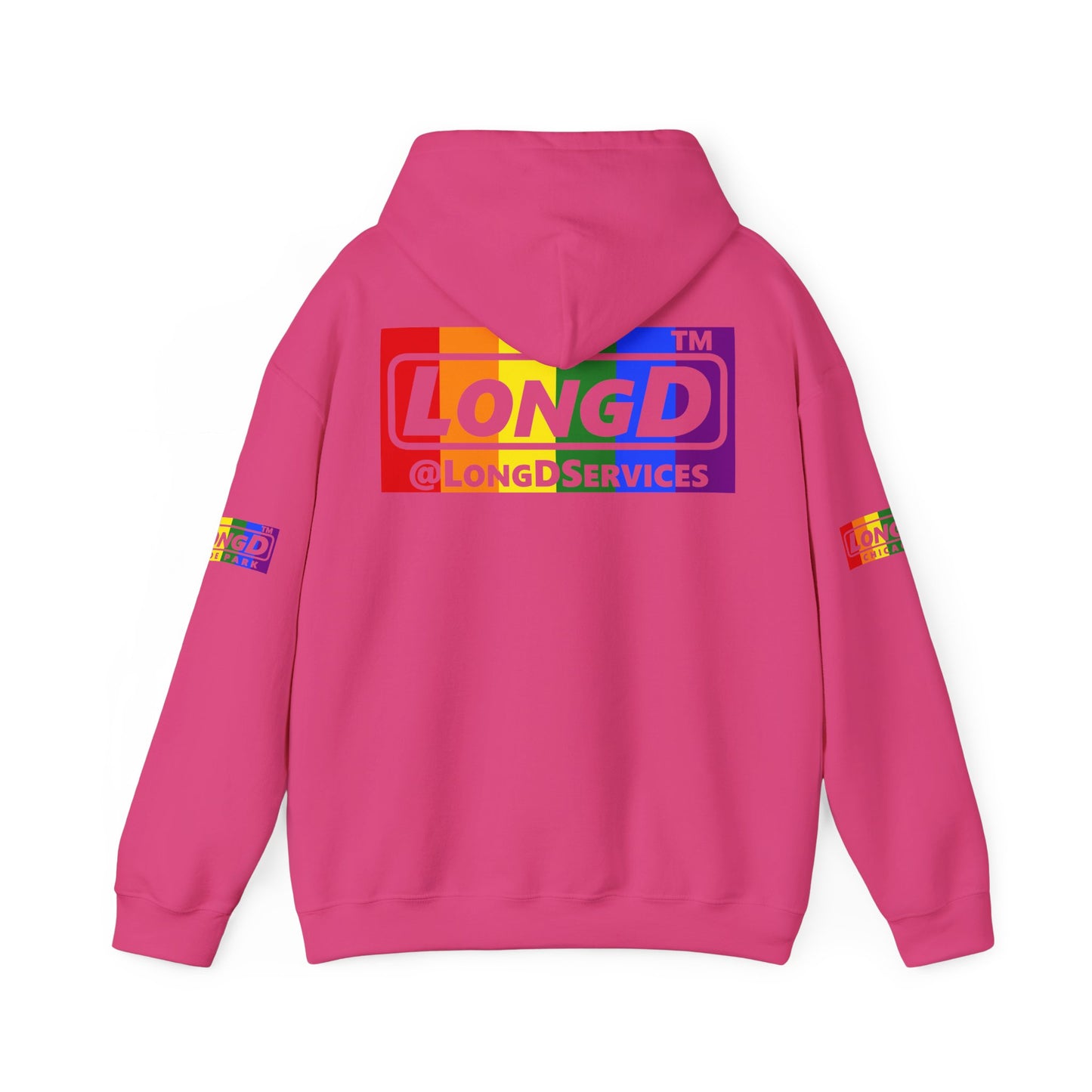 I Luv LongD® negative vertical striped 4-print Hyde Park logo hoodie (Pride colors)