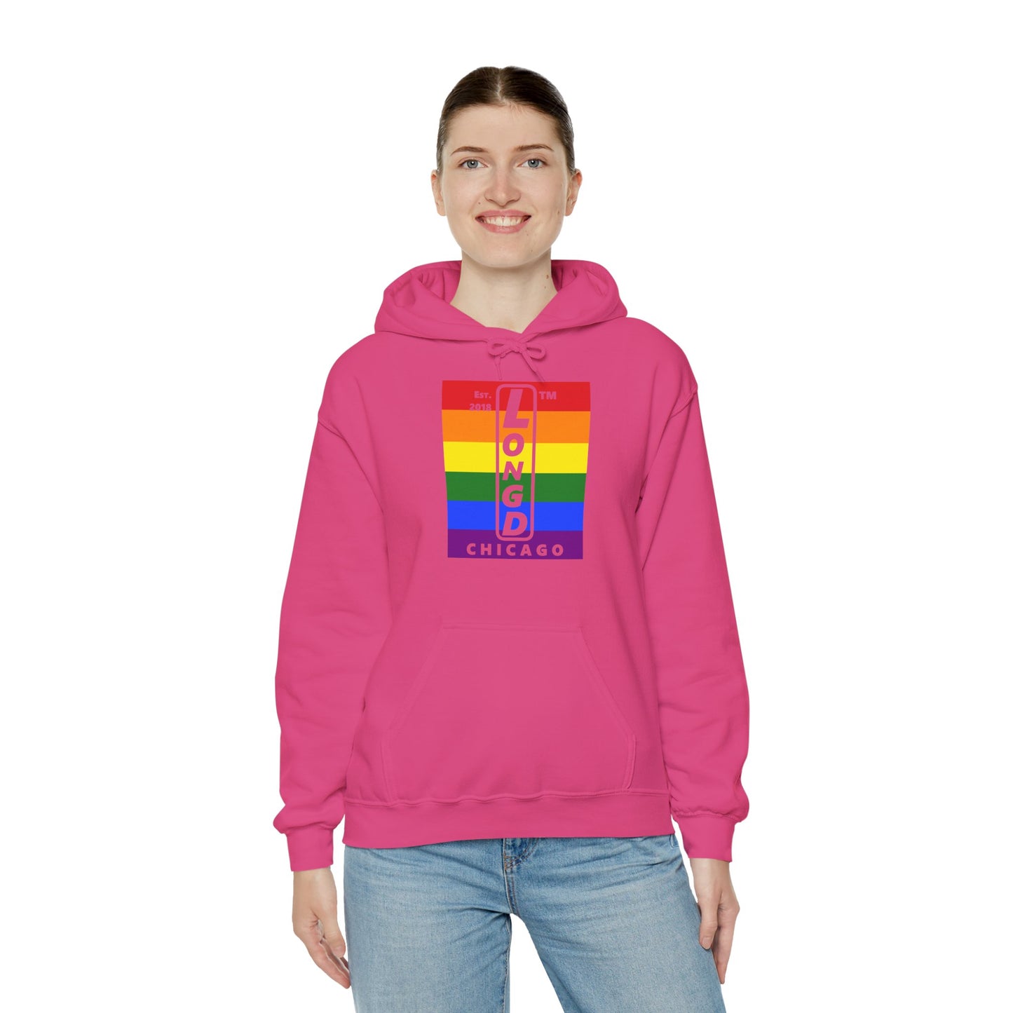 LongD® negative horizontal 6-striped upright Chicago logo hoodie (Pride colors)