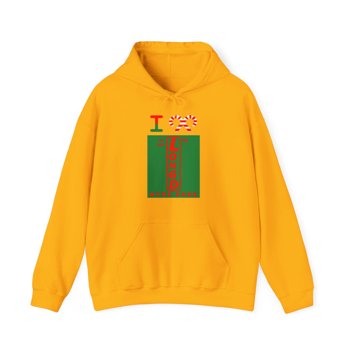 I candy cane LongD Hyde Park upright front-back logo positive red on negative green hoodie
