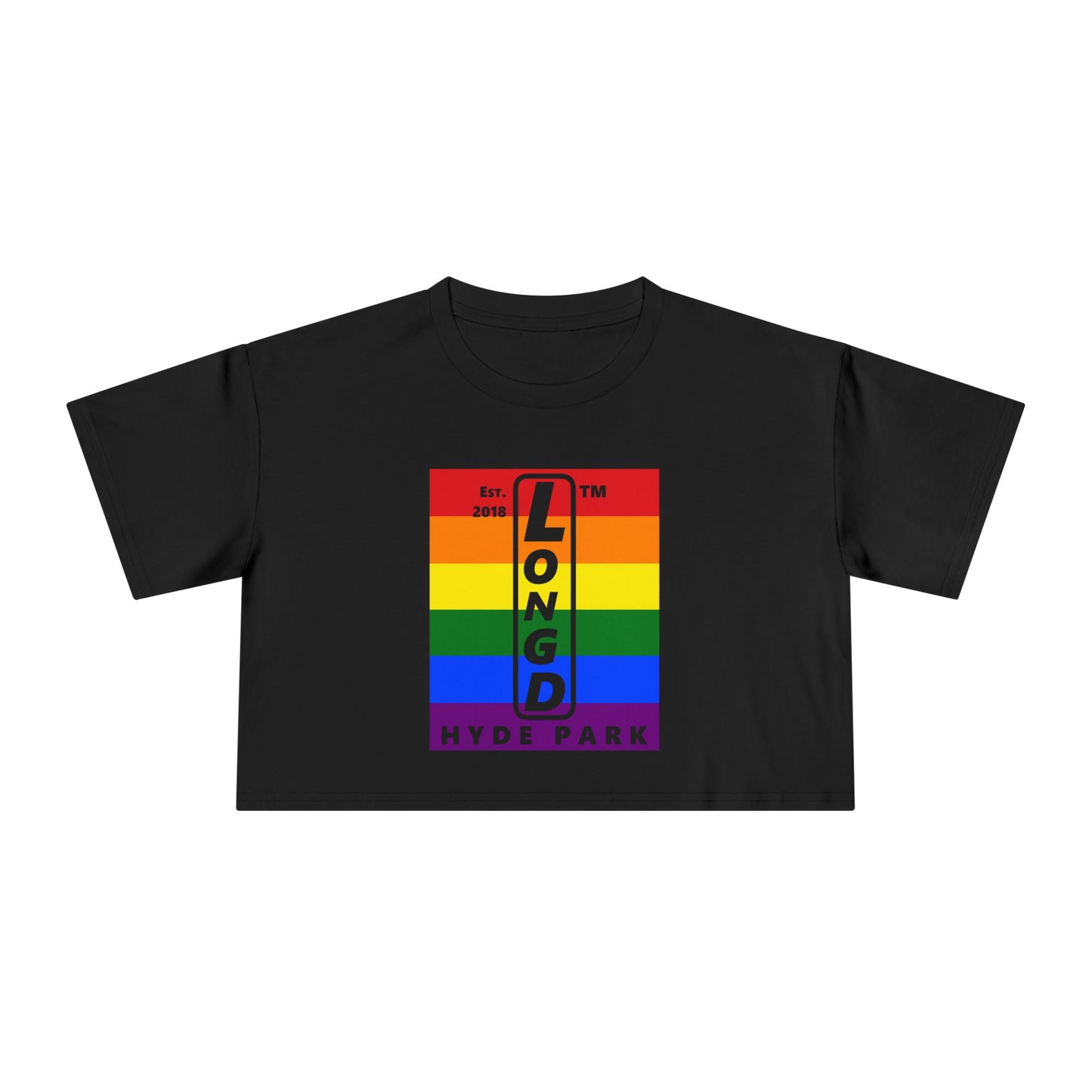 Mixed horizontal 6-striped upright front-back Hyde Park logo crop tee (Pride colors)