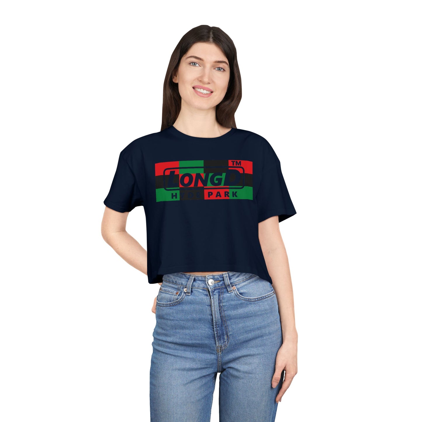 LongD negative 3x4 Hyde Park logo crop tee (Juneteenth colors)