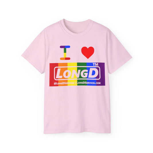 I Luv LongD negative vertical striped tag-domain logo cotton tee (Pride colors)