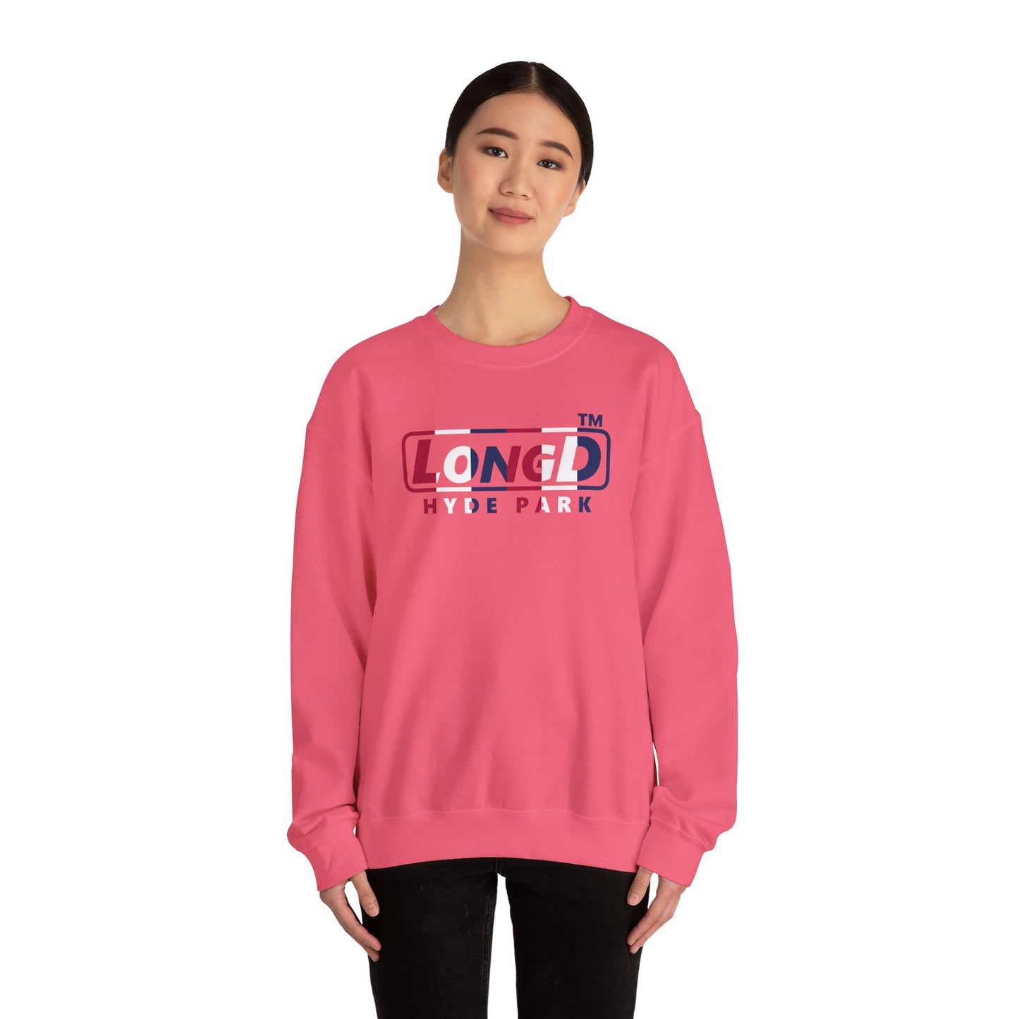 LongD positive vertical 6-striped Hyde Park logo crewneck sweatshirt (patriotic colors)