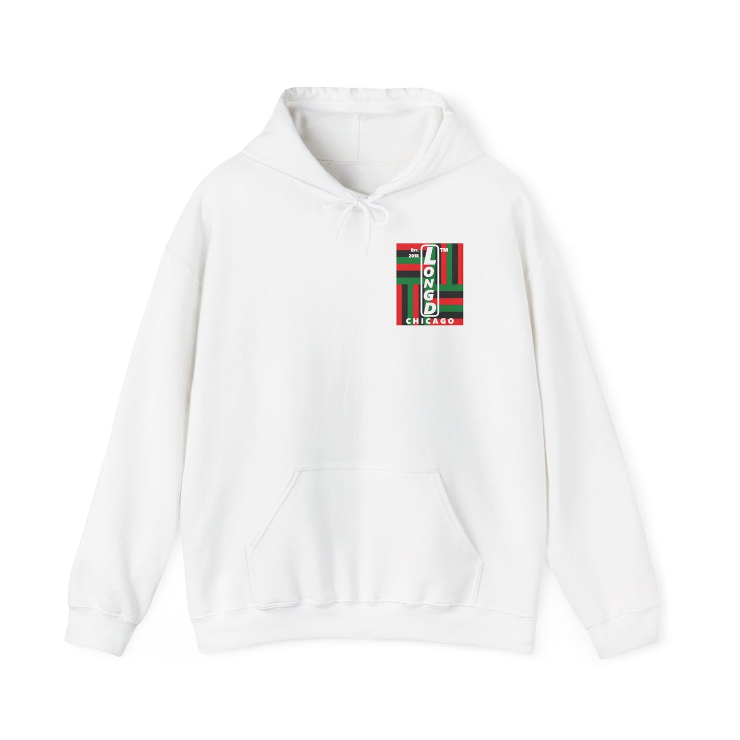 LongD single-breasted negative windmill front-back upright Chicago logo hoodie (Juneteenth colors)