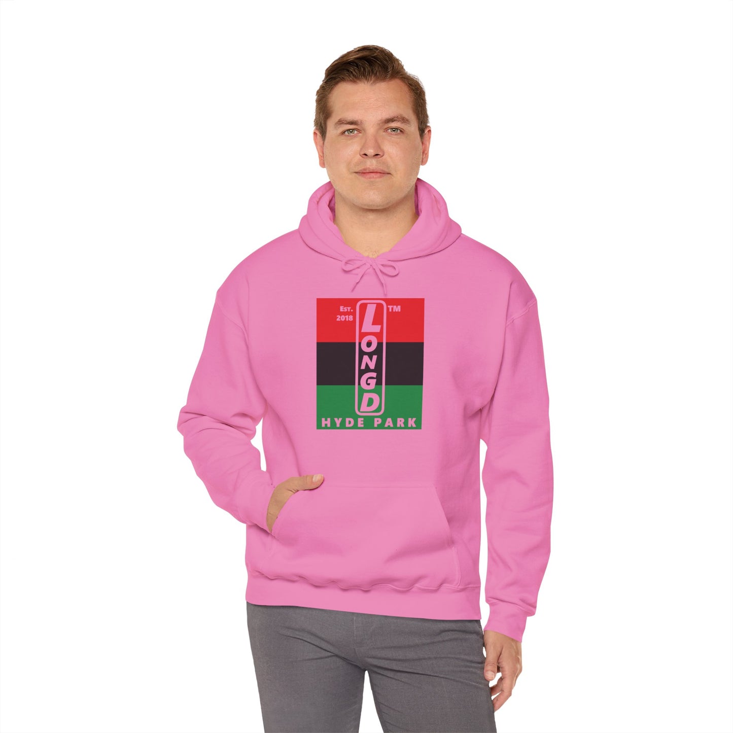 LongD® negative horizontal 3-striped upright Hyde Park logo hoodie (Juneteenth colors)