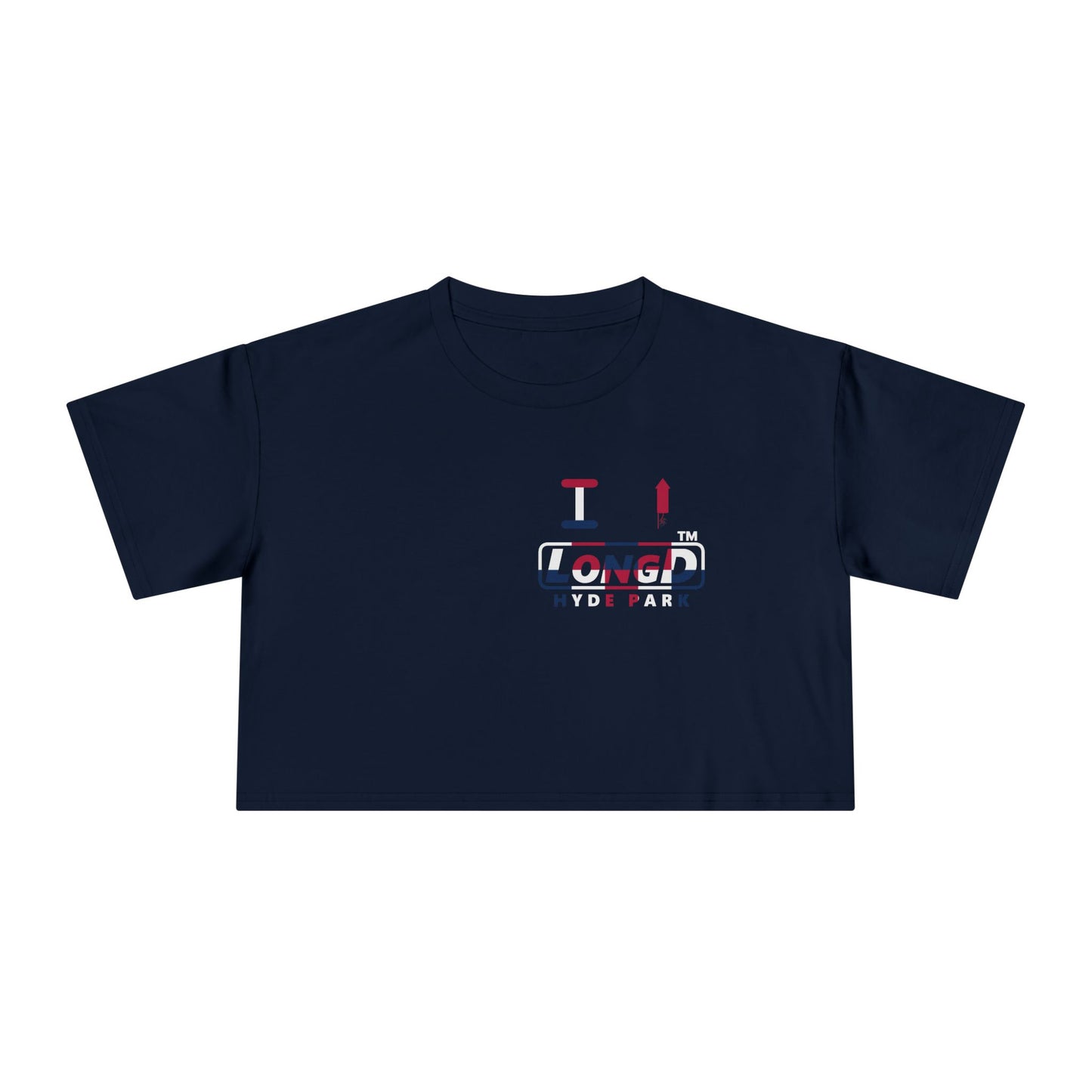 I firecracker LongD positive 2x5 single-breasted front-back Hyde Park Logo Crop Tee (Patriotic colors)