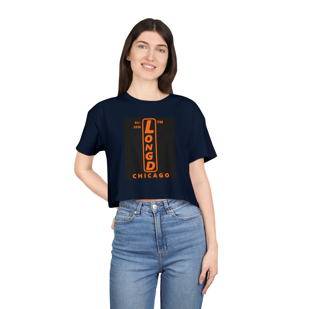LongD Chicago upright front-back logo orange (FE7518) on Black (000000) crop tee