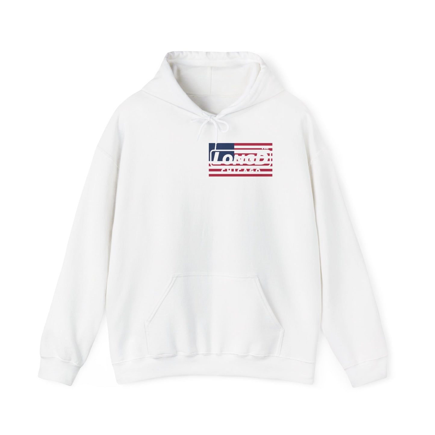 LongD® negative flag front-back single breasted Chicago logo hoodie (patriotic colors)