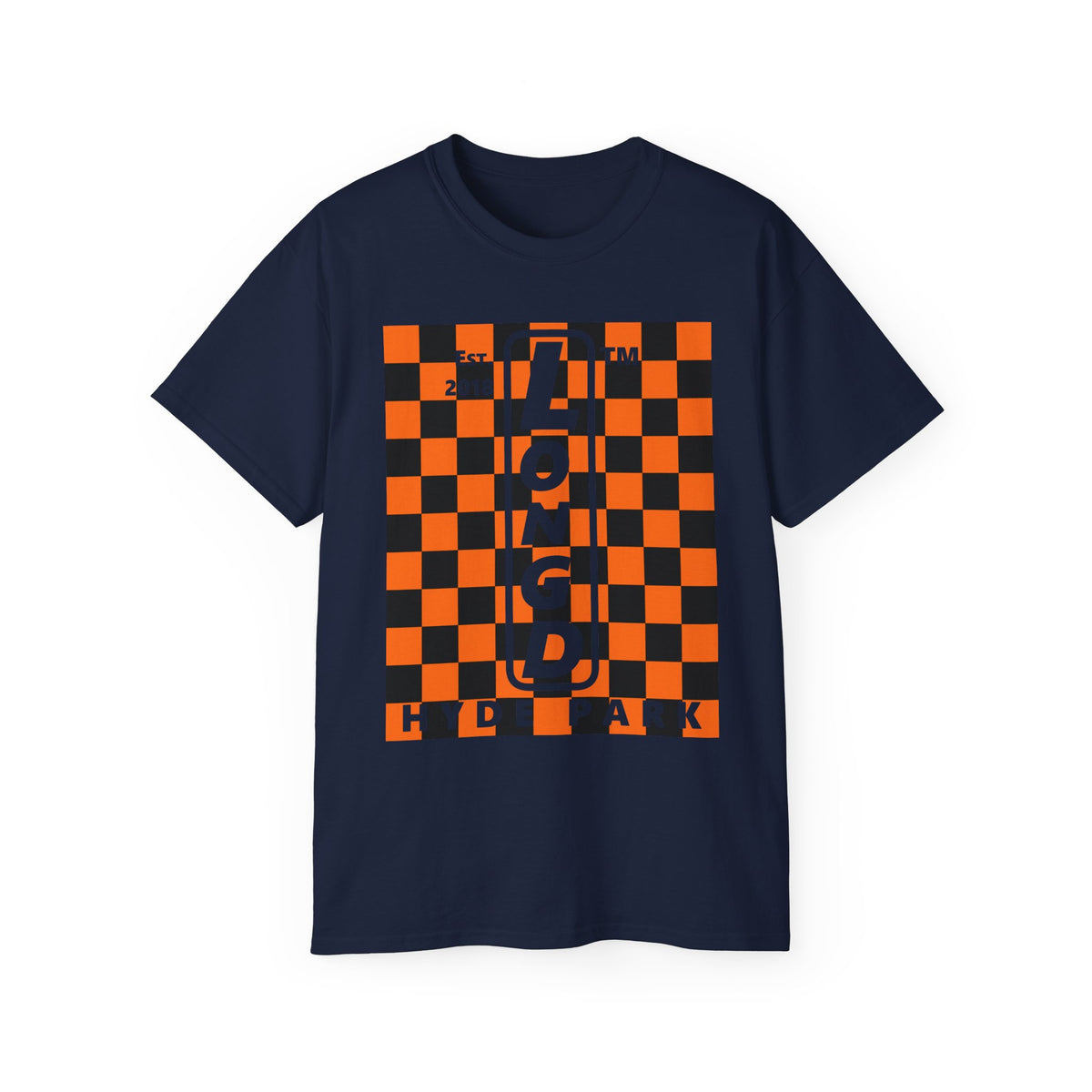 LongD Hyde Park negative upright checkered logo (Halloween colors) cotton tee