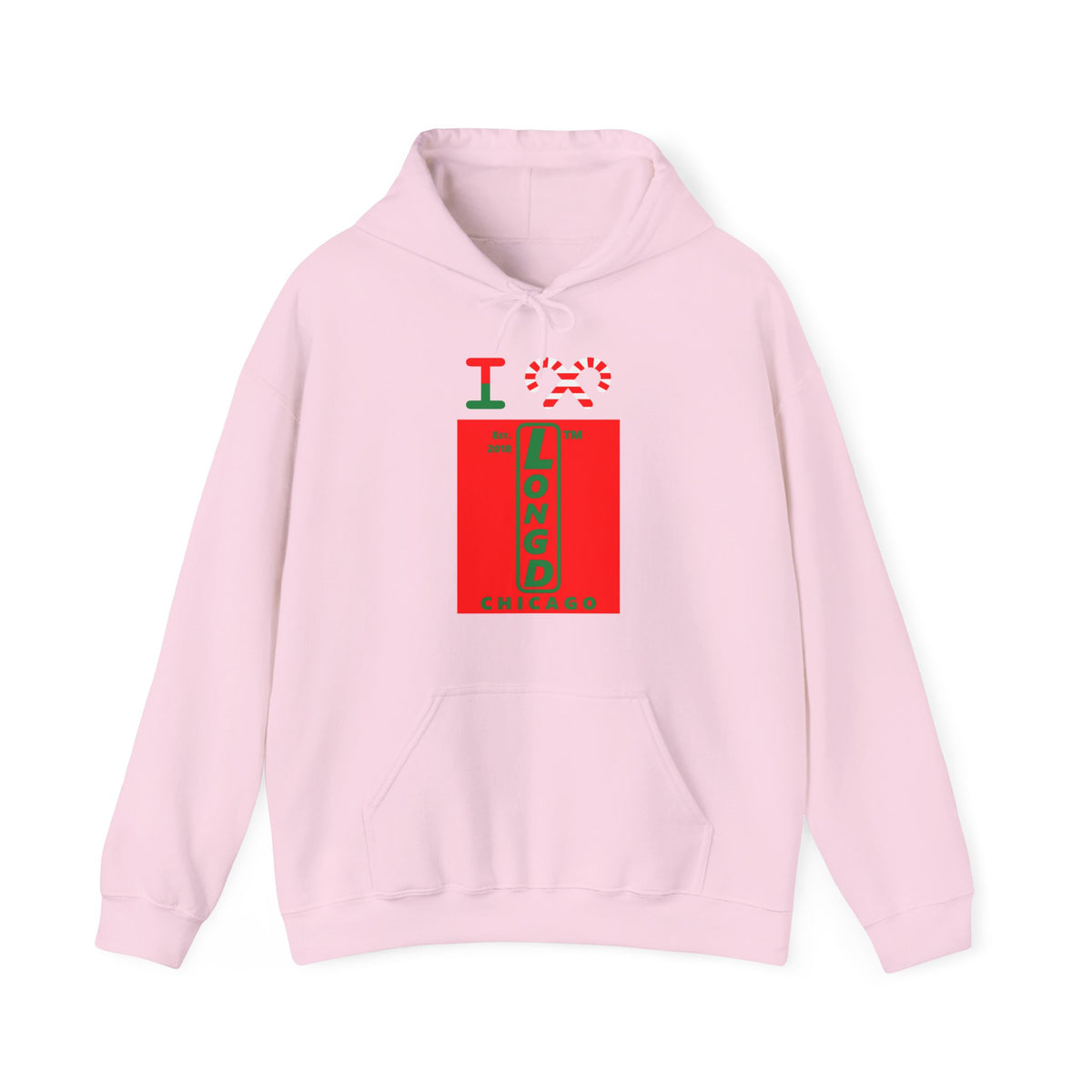 I candy cane LongD Chicago upright logo positive green on negative red hoodie