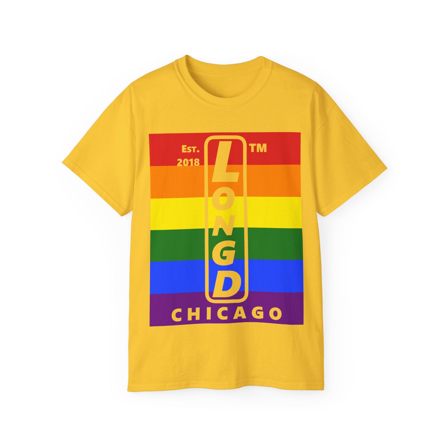 LongD Cotton Tee negative horizontal striped Chicago upright logo (Pride colors)