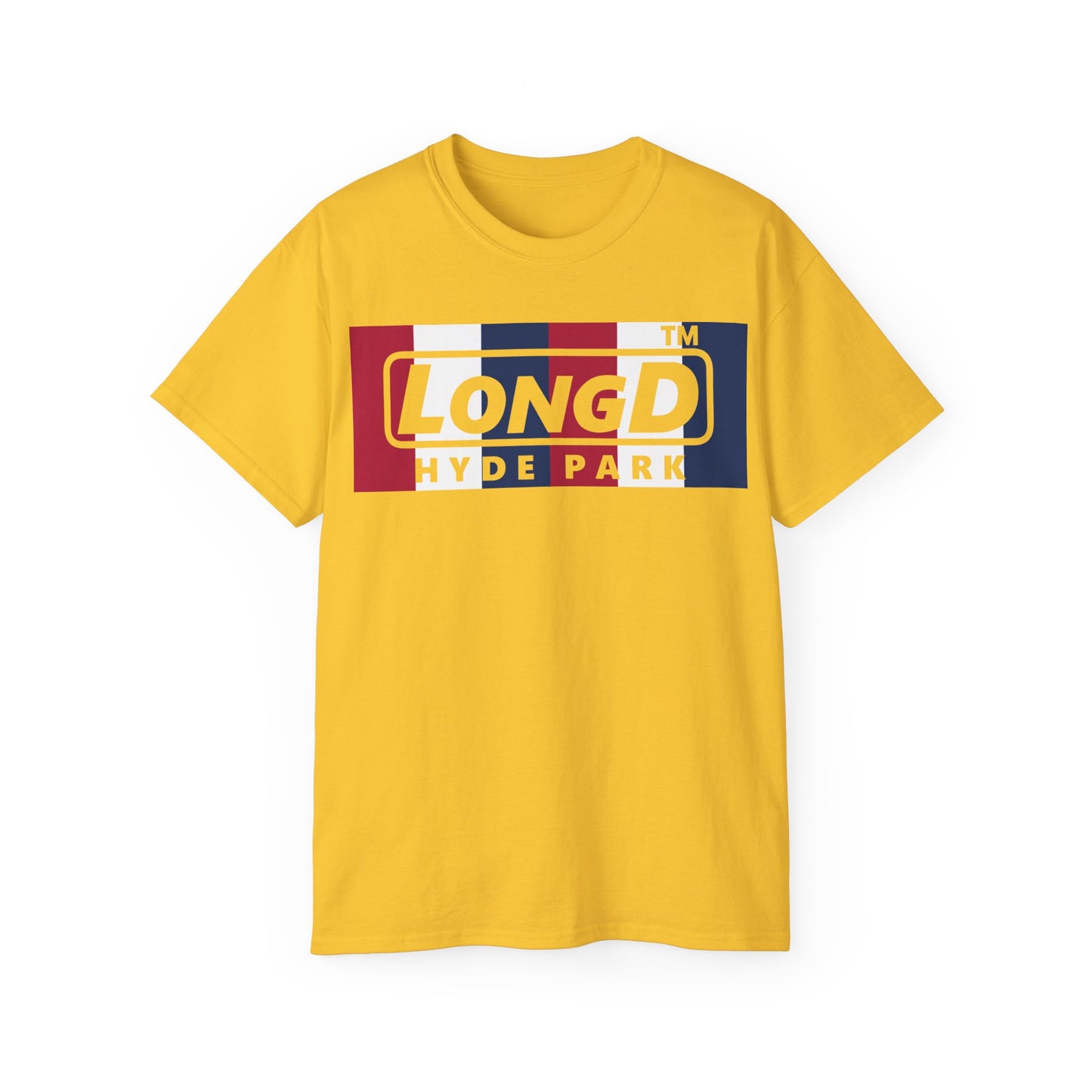 LongD negative vertical 6-striped Hyde Park logo cotton tee (patriotic colors)
