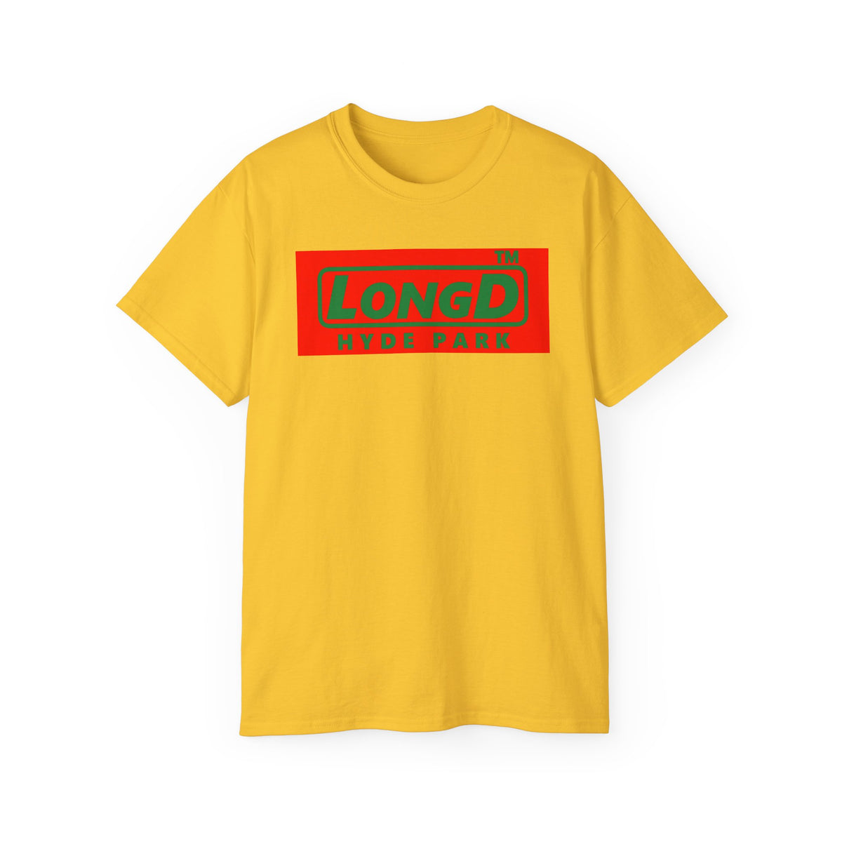 LongD Hyde Park logo positive green on negative red (Xmas colors) cotton tee