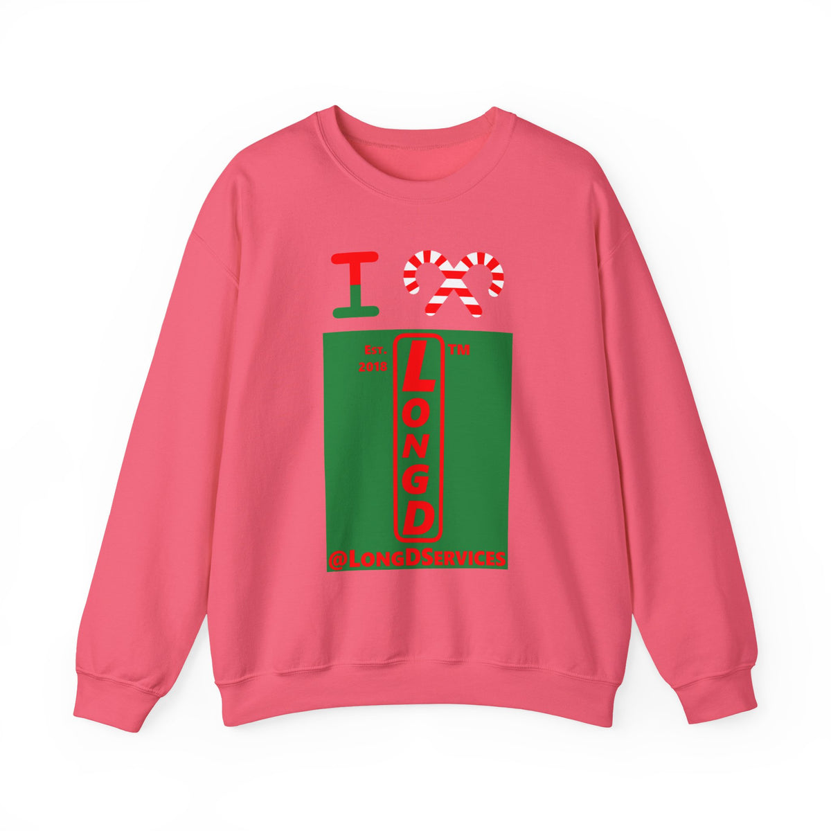 I candy cane LongD Tag upright front-back logo positive red on negative green crewneck sweatshirt