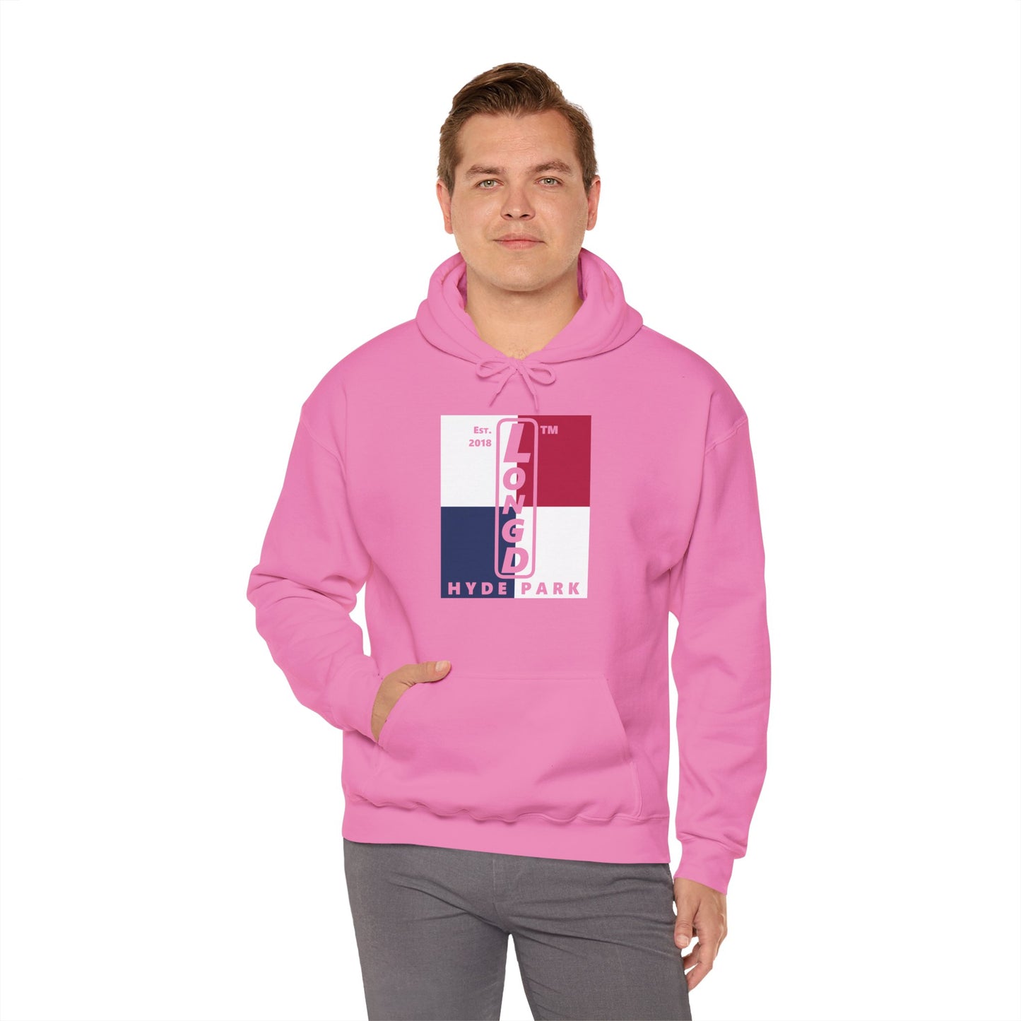 LongD® negative quarters upright Hyde Park logo hoodie (Patriotic colors)