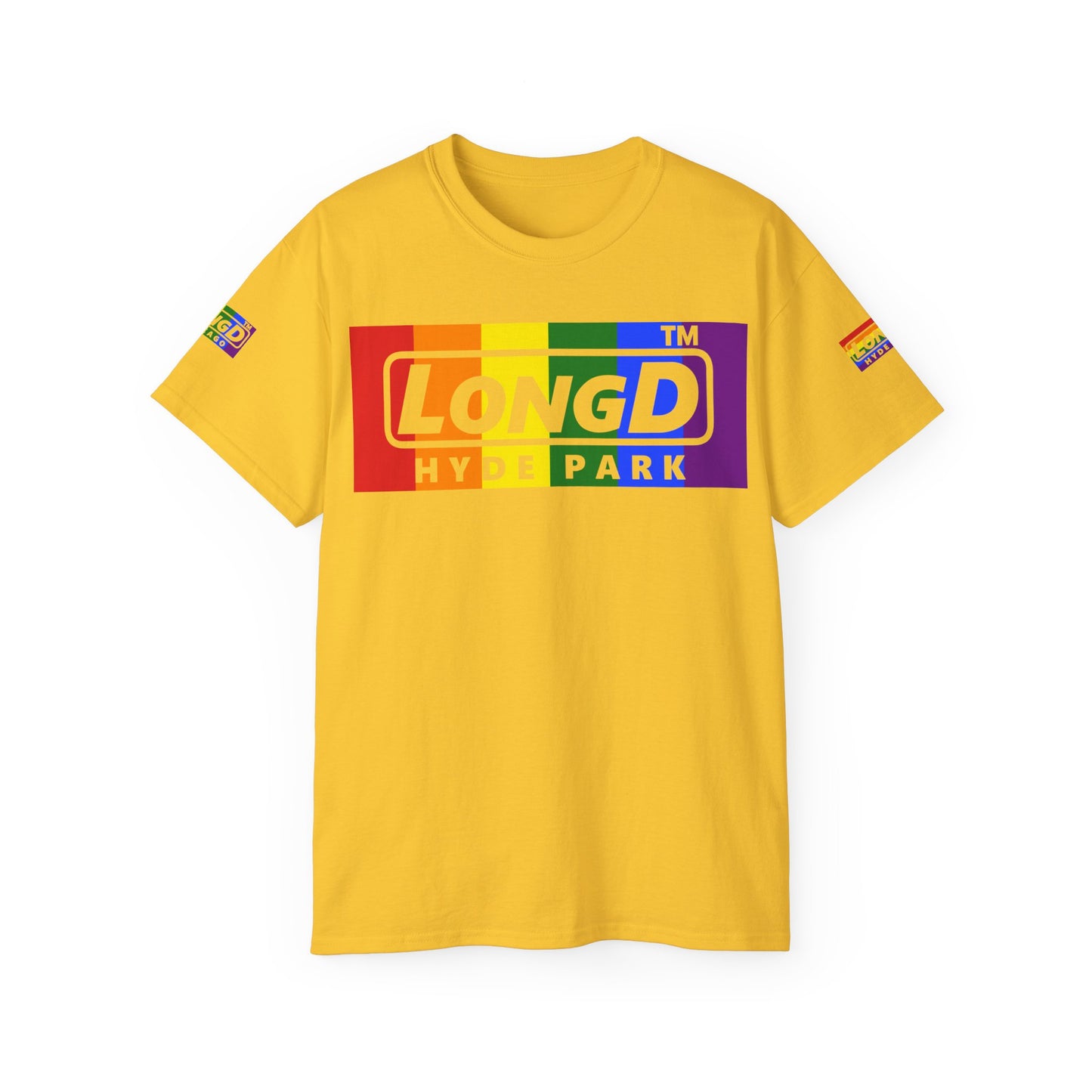 LongD negative vertical striped 4-print Hyde Park logo cotton tee (Pride colors)