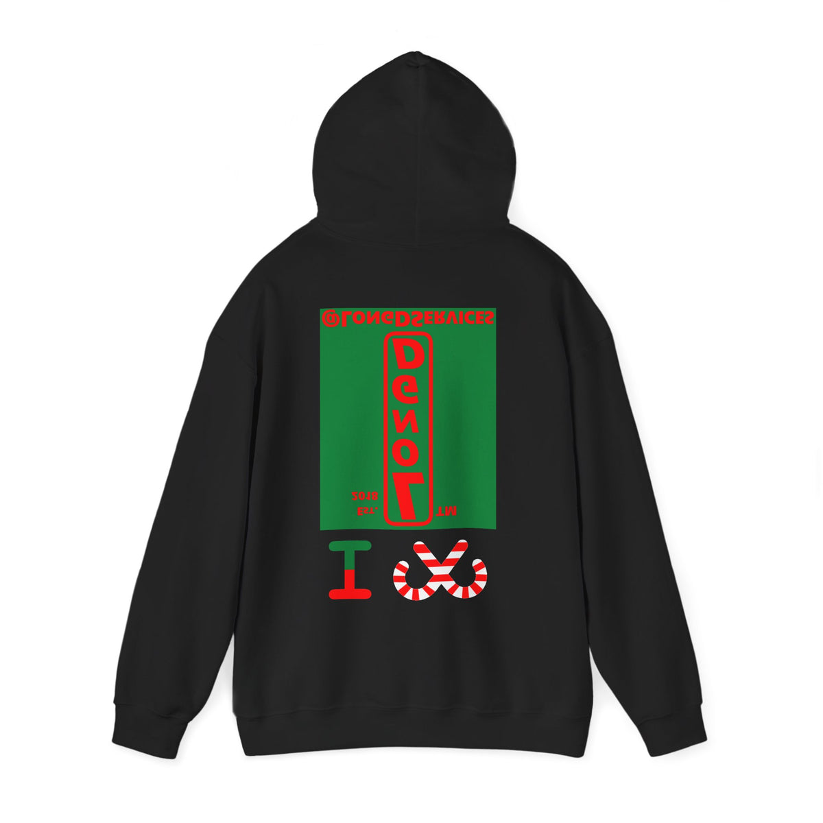 I candy cane LongD Tag upright front-back logo positive red on negative green hoodie