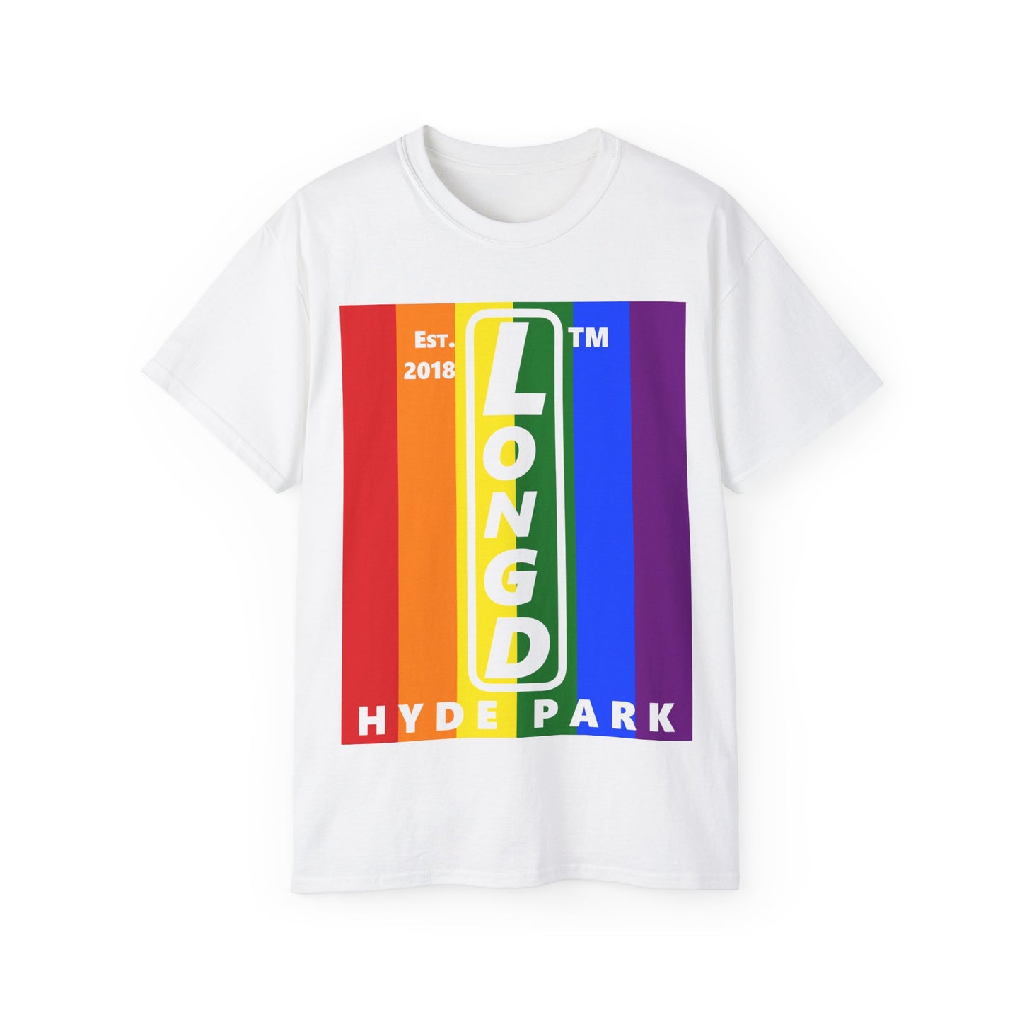 LongD Cotton Tee negative vertical striped Hyde Park upright logo (Pride colors)