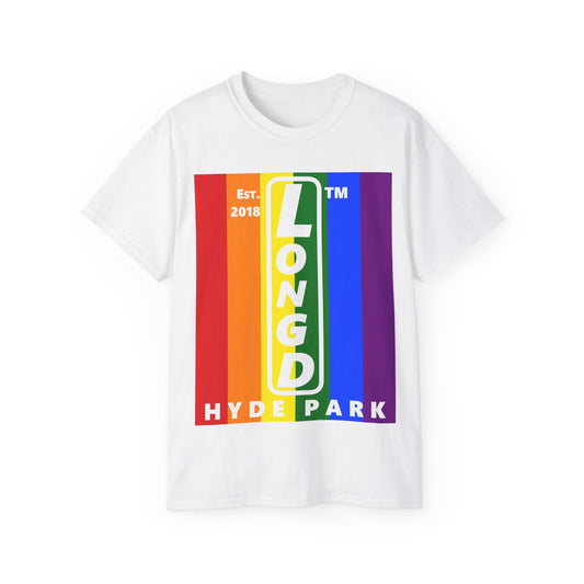 LongD Cotton Tee negative vertical striped Hyde Park upright logo (Pride colors)