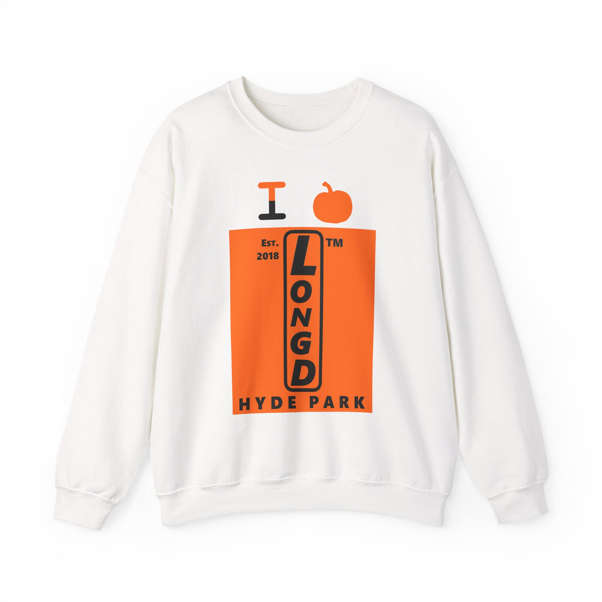 I pumpkin LongD Hyde Park upright logo positive black on negative orange crewneck sweatshirt
