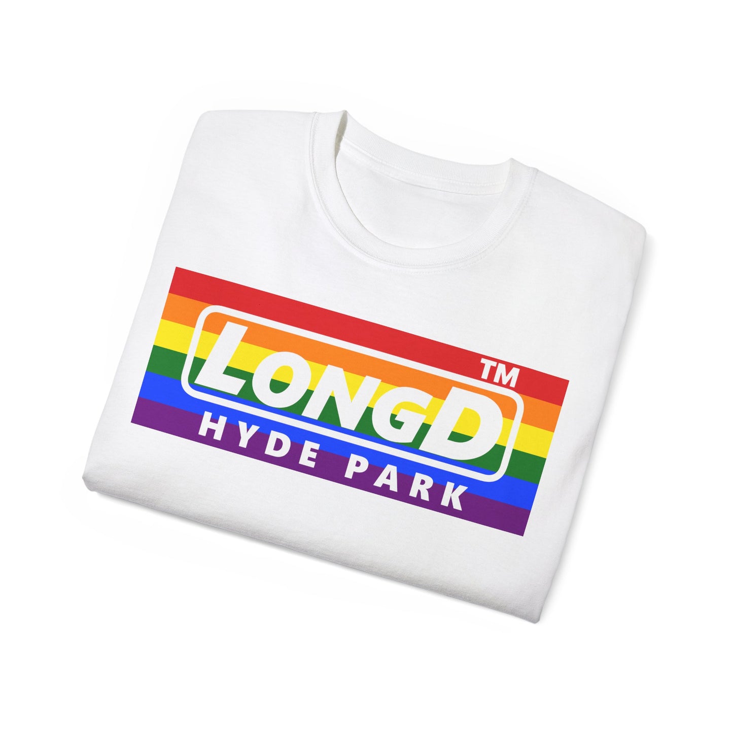 LongD negative horizontal striped Hyde Park logo cotton tee (Pride colors)