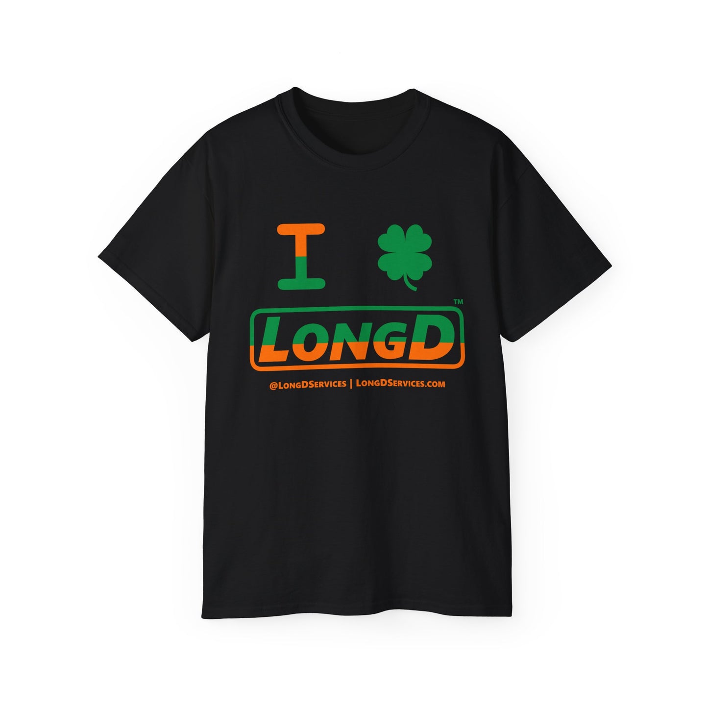 I Clover LongD® Logo Cotton Tee (St. Patrick's Day -Irish Green and Irish Orange top-bottom split with 4-leaf clover)