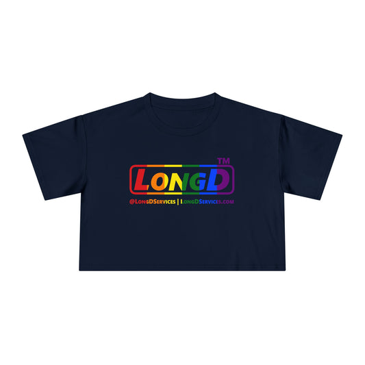 LongD positive vertical 6-striped front-back tag-domain logo crop tee (Pride colors)