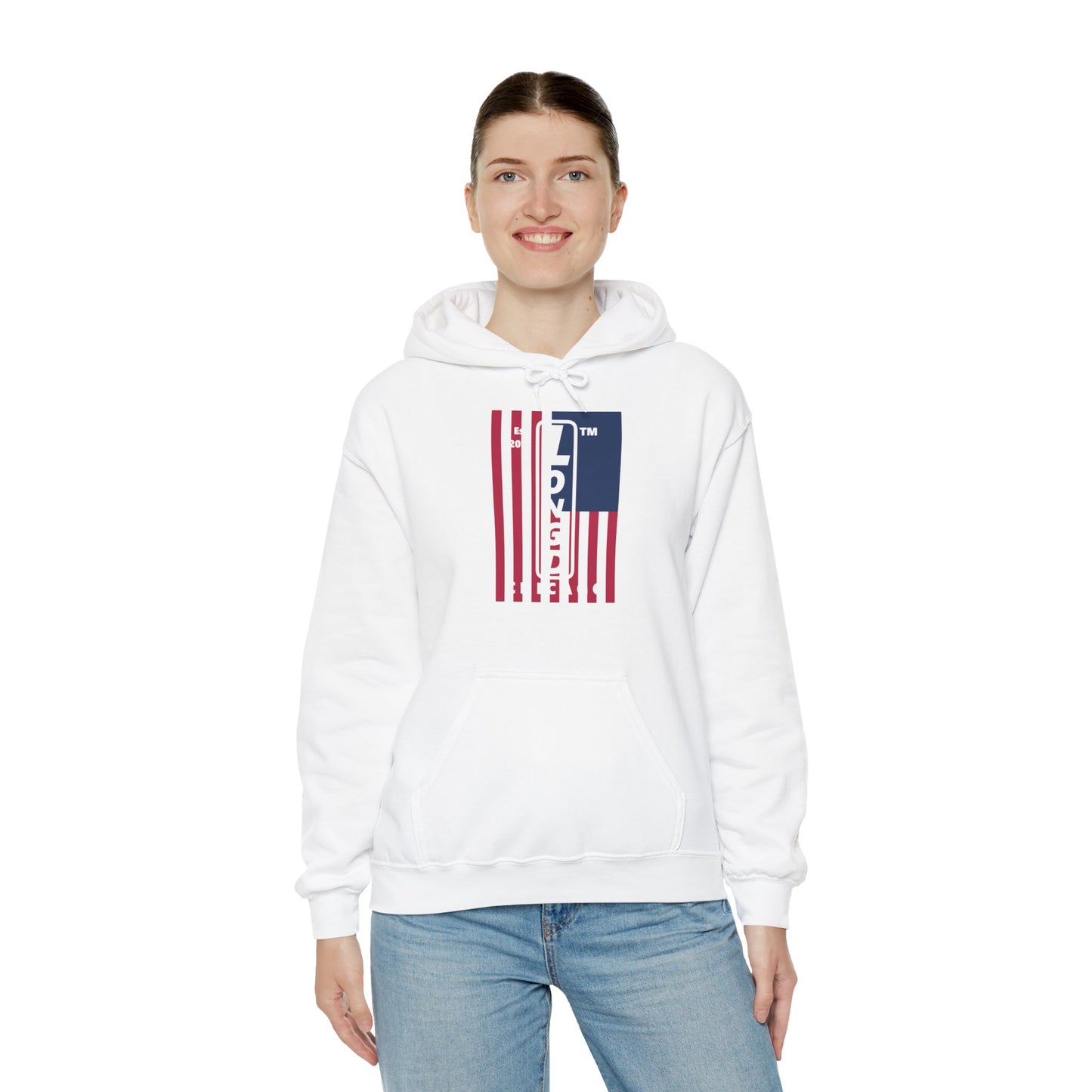 LongD® negative cropped flag upright Chicago logo hoodie