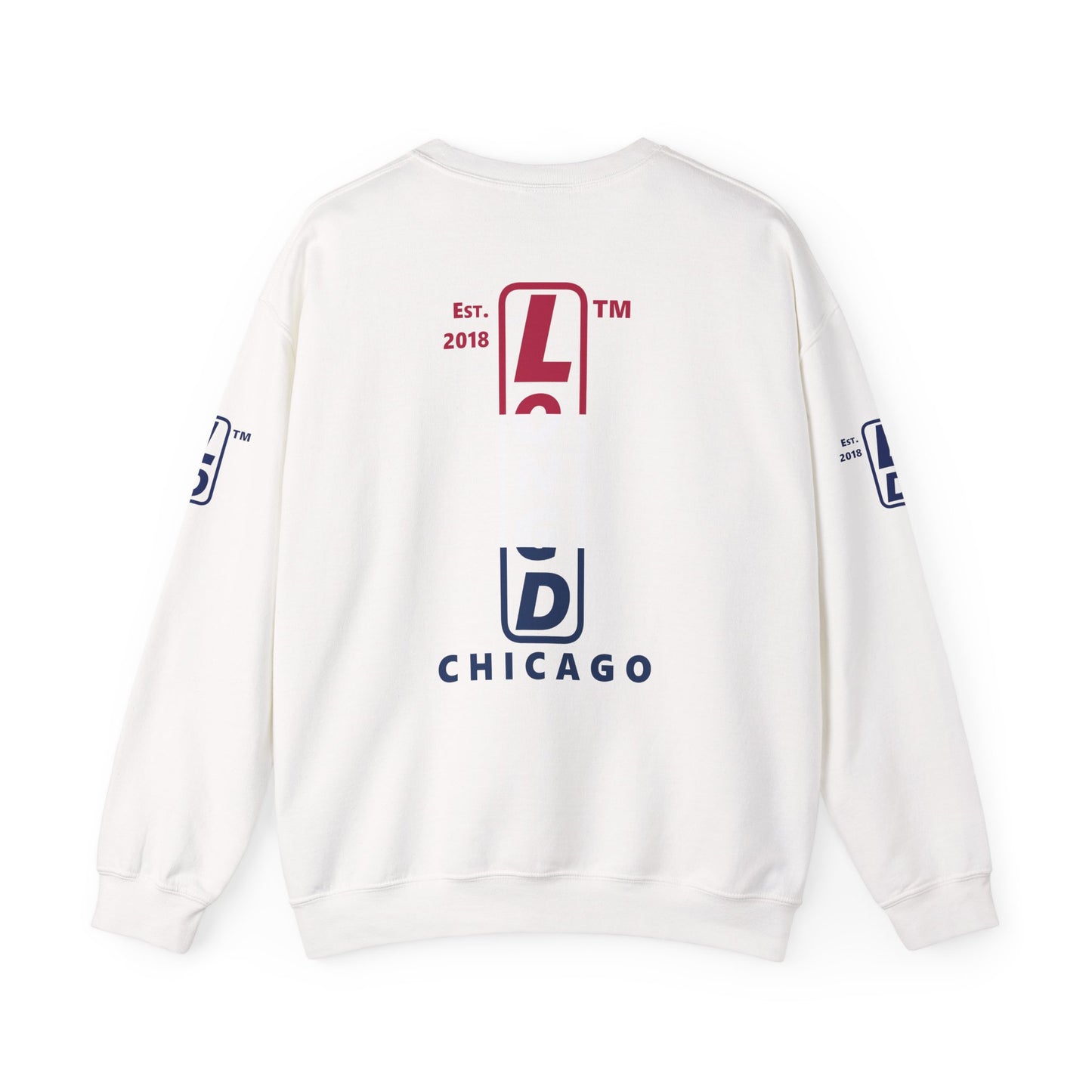LongD positive horizontal 3-striped Chicago upright 4-print single-breasted logo crewneck sweatshirt (patriotic colors)