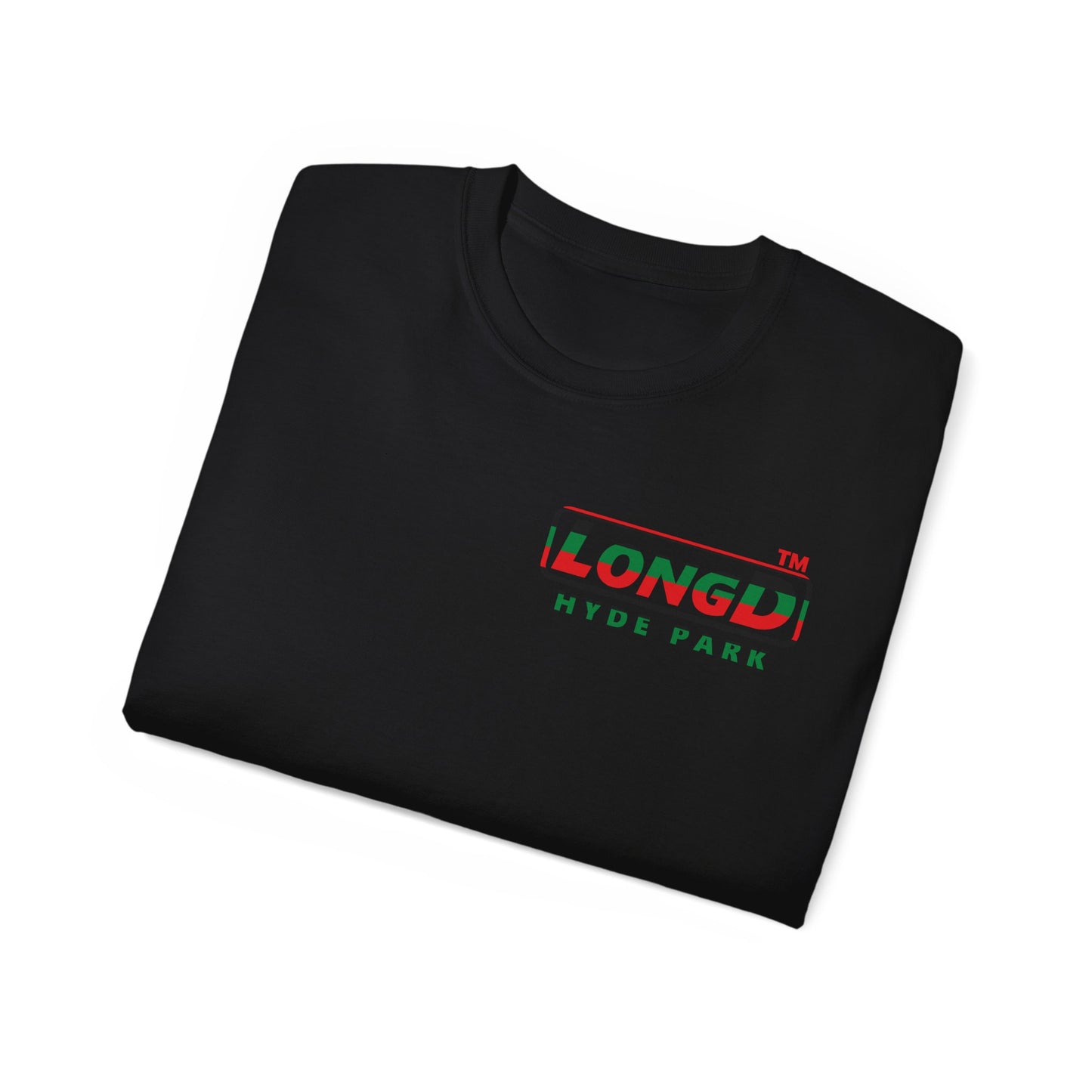 LongD positive horizontal 6-striped Hyde Park logo single-breasted front-back cotton tee (Juneteenth colors)