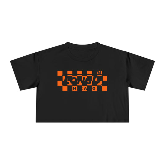 LongD Chicago negative checkered logo (Halloween colors) crop tee
