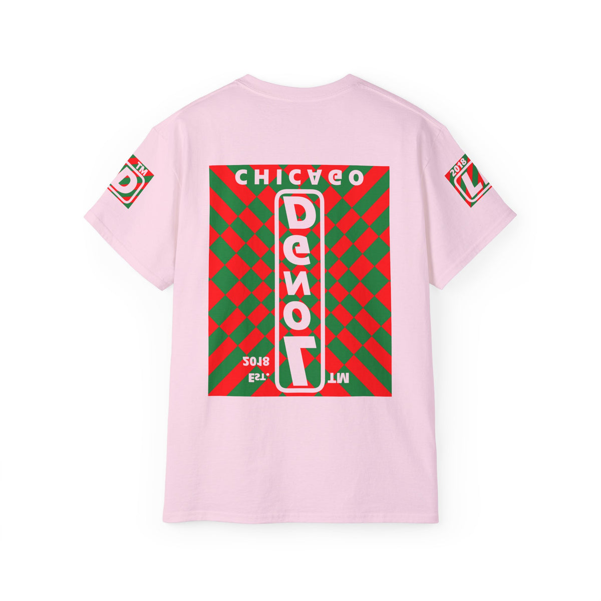 LongD Chicago negative upright stylized argyle 4-print logo (Xmas colors) cotton tee