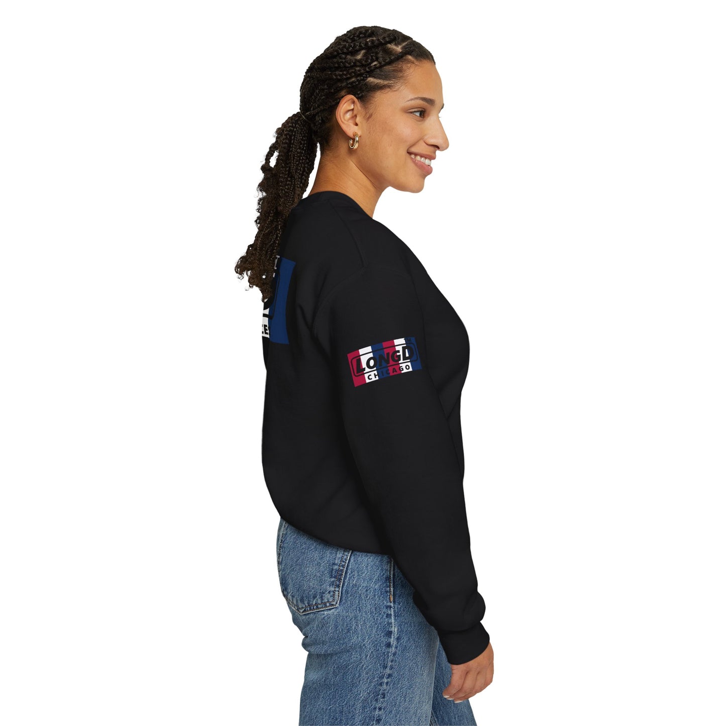 LongD negative vertical 6-striped 4-print single-breasted Chicago logo crewneck sweatshirt (patriotic colors)