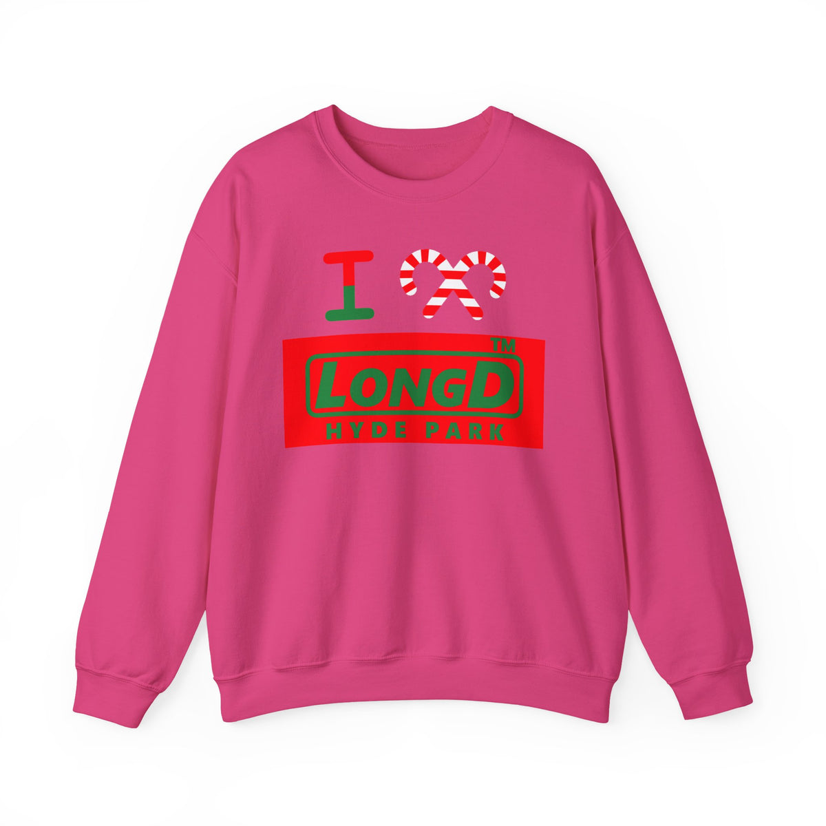 I candy cane LongD Hyde Park logo positive green on negative red crewneck sweatshirt